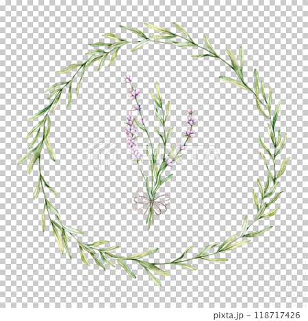 Watercolor wreath and bouquet of Lavender flower. Floral Clipart. Hand drawn botanical illustration of lavender branch for wedding invitation, logo, cards, packaging and labeling Watercolor wreath and bouquet of Lavender flower. Floral Clipart. Hand drawn botanical illustration of lavender branch for wedding invitation, logo, cards, packaging and labeling 118717426