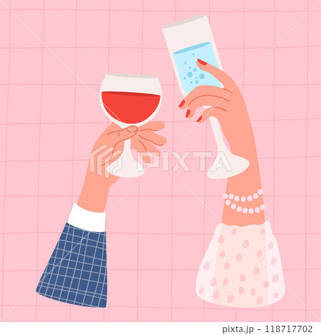Holiday party. Male hand with glass of red wine and elegant female hand with drink in glassful on pink checkered background. Vector illustration 118717702