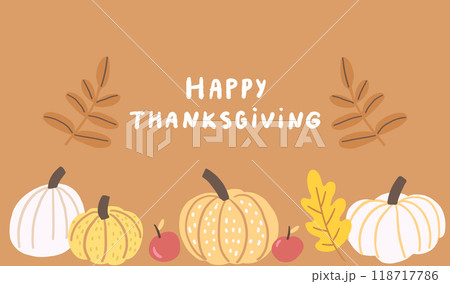 Happy Thanksgiving greeting card decorated fall borders with autumn leaves and little pumpkins on orange background 118717786