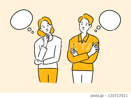 考える夫婦と吹き出しのイラスト素材 118717811