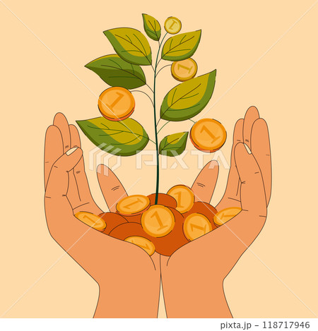 A financial growth art with a tree and coins in hand symbolizing investment and savings A financial growth art with a tree and coins in hand symbolizing investment and savings 118717946