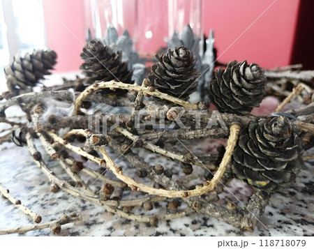 Close-Up of Pine Cones and Twigs on Textured Surface 118718079