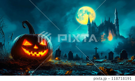 An illustration shows a Halloween pumpkin in a graveyard with a haunted castle under the full moon. The concept reflects a spooky and eerie Halloween night. Generative AI. 118718191