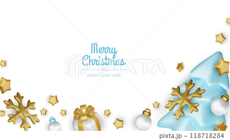 Merry christmas greeting card vector poster. Christmas elegant invitation template with xmas balls, xmas tree and snowflakes. Vector illustration holiday season greeting 118718284