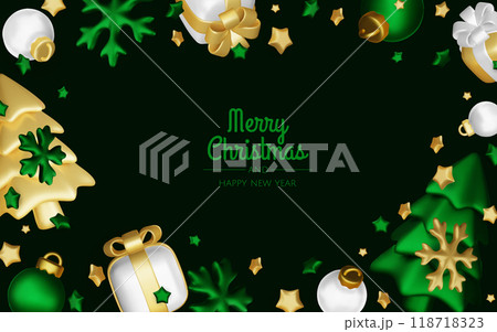 Merry Christmas and happy new year background. Christmas tree, Gift boxes, Christmas balls. Christmas element for web, banners, greeting card, template design. 118718323