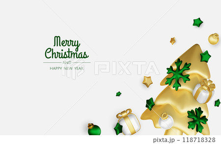 Merry christmas greeting card vector poster. Christmas elegant invitation template with xmas balls, xmas tree and snowflakes. Vector illustration holiday season greeting Merry christmas greeting card vector poster. Christmas elegant invitation template with xmas balls, xmas tree and snowflakes. Vector illustration holiday season greeting 118718328