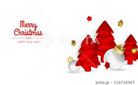 Merry Christmas and happy new year background. Christmas tree, Gift boxes, Christmas balls. Christmas element for web, banners, greeting card, template design. 118718367