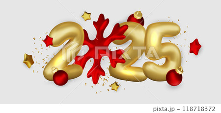 2025 Realistic glossy number with gold gift box. Happy New Year and Merry Christmas 2025. Greeting card. Vector 3d rendering. 118718372