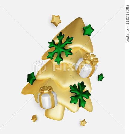 Happy New Year and Merry Christmas. Christmas holiday background with realistic 3d objects,gold and red bauble balls, conical metal stars. Levitation falling design composition. 118718398