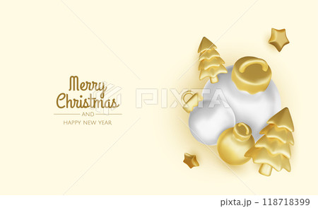 Merry christmas greeting card vector poster. Christmas elegant invitation template with xmas balls, xmas tree and snowflakes. Vector illustration holiday season greeting 118718399