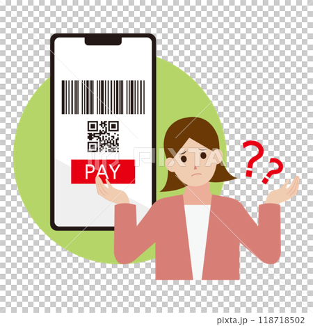 Illustration of a woman who doesn't understand cashless payment 118718502