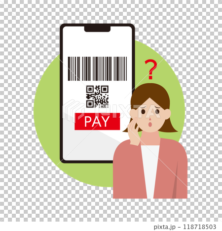 Illustration of a woman who doesn't understand cashless payment Illustration of a woman who doesn't understand cashless payment 118718503