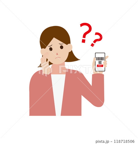 キャッシュレス決済がわからない女性のイラスト キャッシュレス決済がわからない女性のイラスト 118718506