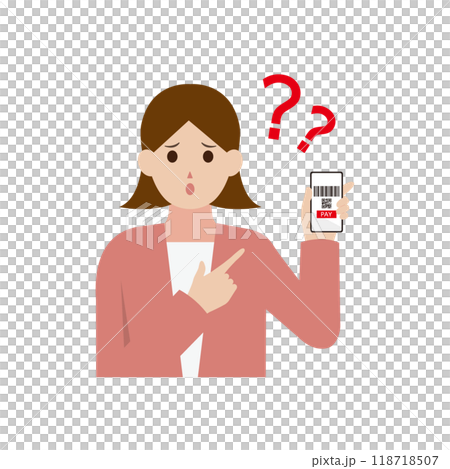 Illustration of a woman who doesn't understand cashless payment Illustration of a woman who doesn't understand cashless payment 118718507