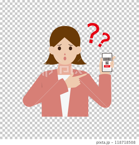 Illustration of a woman who doesn't understand cashless payment Illustration of a woman who doesn't understand cashless payment 118718508