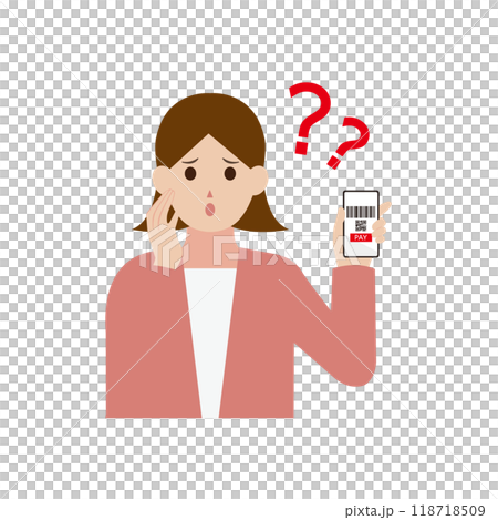 Illustration of a woman who doesn't understand cashless payment 118718509