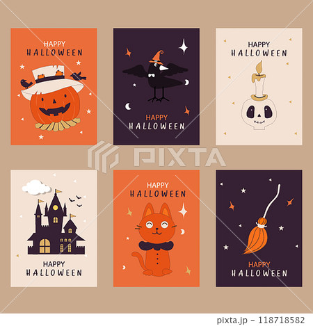 Set of happy halloween greeting card.Characters  for Halloween in cartoon costumes style,cute pumpkin,Vector illustrations. 118718582
