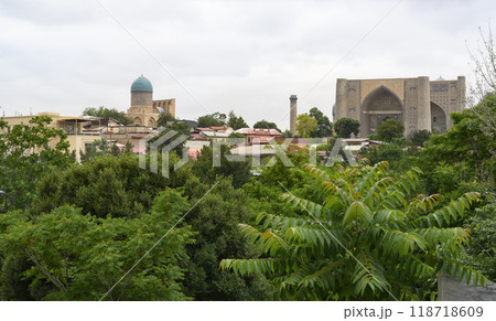 Panorama of Samarkand, Uzbekistan, with old houses and mausoleums in medieval Shahi Zinda complex Panorama of Samarkand, Uzbekistan, with old houses and mausoleums in medieval Shahi Zinda complex 118718609