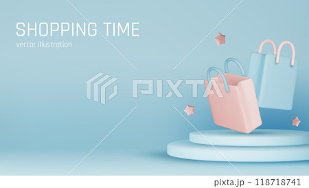 3d vector render online shopping bag using tags promotion or cash for future use. 3d vector shop purchase basket retail store on e-commerce 118718741