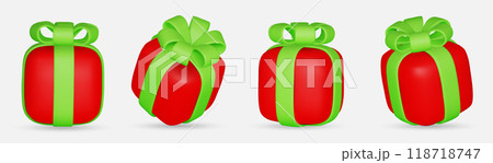 3d gift boxes set with ribbon bow isolated on a white background. 3d render flying modern holiday closed surprise box. 118718747