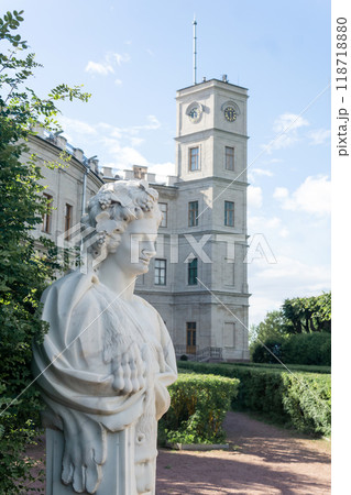 view of the towers of the Grand Gatchina Palace from the courtyard with statues 118718880
