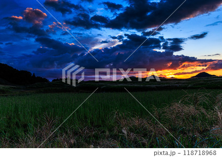 2024年秋すすきが咲き揃った曽爾高原の夕景　山際の夕焼けと大空で夕日を受けて茜色に輝く浮浪雲① 118718968