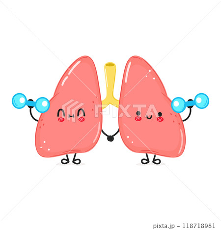 Cute funny Lungs character with dumbbells. Vector hand drawn cartoon kawaii character illustration icon. Isolated on white background. Lungs character gym concept Cute funny Lungs character with dumbbells. Vector hand drawn cartoon kawaii character illustration icon. Isolated on white background. Lungs character gym concept 118718981