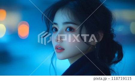 A young woman gazes thoughtfully into the distance on a chilly night while illuminated by soft blue lights in a bustling Korean city 118719115