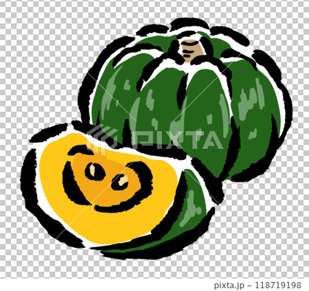 かぼちゃ 全体と切ったもの 筆タッチイラストのイラスト素材