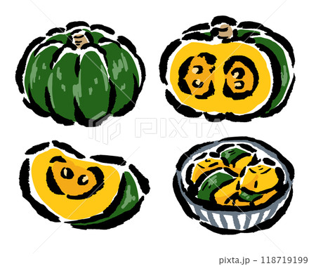 かぼちゃ全体・切ったもの、煮物　筆タッチイラスト 118719199