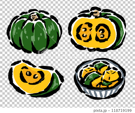 Whole pumpkin, sliced pumpkin, boiled pumpkin - brush stroke illustrations 118719199
