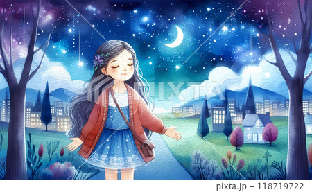 Sleeping Young Girl on Night Watercolor Background 118719722