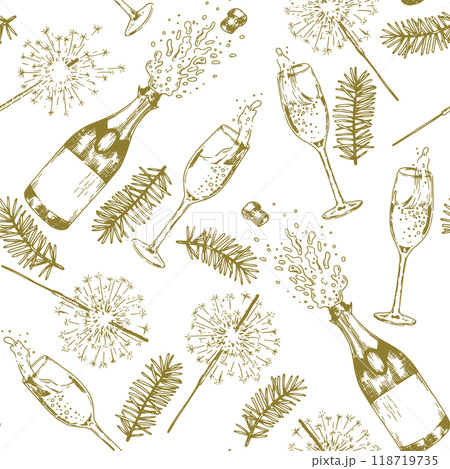 New Year's seamless pattern with glasses of champagne and sparklers. holiday print in sketch style 118719735