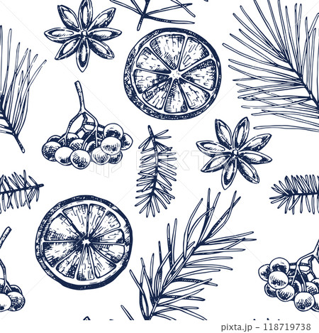 Christmas seamless pattern. with spruce branches, holly and dried orange and cinnamon in sketch style 118719738