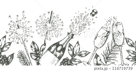New Year's seamless border with glasses of champagne and sparklers. festive frame in sketch style 118719739