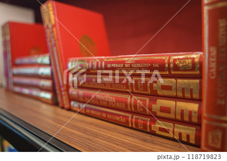 A collection of red hardcover books with gold lettering, neatly arranged on a wooden shelf. The titles are in Portuguese, enhancing the sophisticated atmosphere. A collection of red hardcover books with gold lettering, neatly arranged on a wooden shelf. The titles are in Portuguese, enhancing the sophisticated atmosphere. 118719823