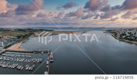 Aerial view of the Atlantic ocean near the city of Porto in Portugal. Porto bay Douro river entering the ocean. Aerial view of the Atlantic ocean near the city of Porto in Portugal. Porto bay Douro river entering the ocean. 118719856