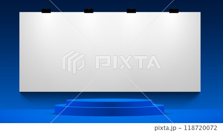 blue podium with white screen blackground in the blue room	 118720072