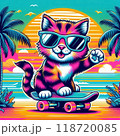 サングラスをかけてスケボーを楽しんでいる猫のイラスト 118720085