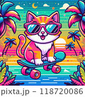サングラスをかけてスケボーを楽しんでいる猫のイラスト 118720086