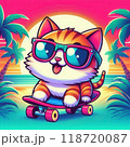 サングラスをかけてスケボーを楽しんでいる猫のイラスト 118720087