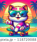 サングラスをかけてスケボーを楽しんでいる猫のイラスト 118720088