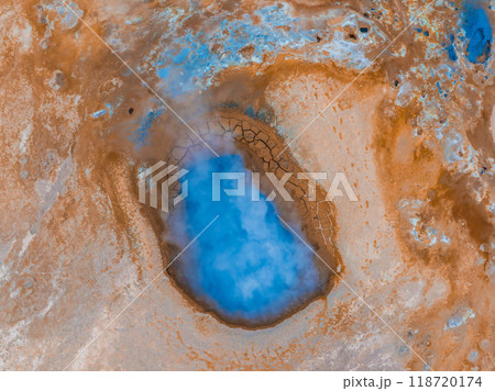 Beautiful aerial view of the Geysir valley in Iceland. Geothermal area in Haukadular valley, Iceland, with steaming hot springs, hot water streams Beautiful aerial view of the Geysir valley in Iceland. Geothermal area in Haukadular valley, Iceland, with steaming hot springs, hot water streams 118720174