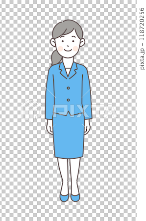 一個穿著西裝的女人微笑著站著的全身插圖 一個穿著西裝的女人微笑著站著的全身插圖 118720256