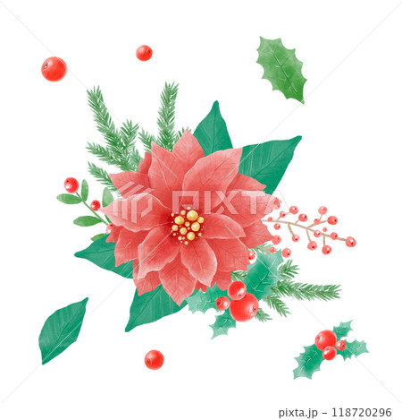Watercolor illustration Christmas red poinsettia beautiful bouquet 118720296