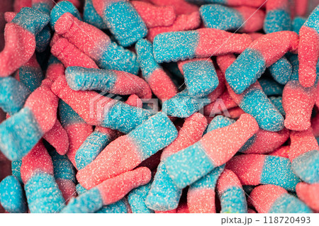 Assorted colorful gummy jelly candies. Top view. Jelly sweets. 118720493