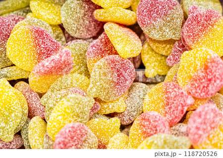 Assorted colorful gummy jelly candies. Top view. Jelly sweets. 118720526