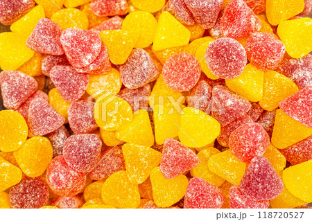 Assorted colorful gummy jelly candies. Top view. Jelly sweets. Assorted colorful gummy jelly candies. Top view. Jelly sweets. 118720527
