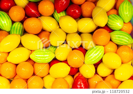 Assorted colorful gummy jelly candies. Top view. Jelly sweets. Assorted colorful gummy jelly candies. Top view. Jelly sweets. 118720532