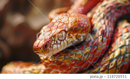 This snake displays its striking colors and intricate scale patterns while resting in a tranquil natural setting during daylight 118720551